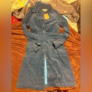 Boden Corduroy Shirt Dress – Blue Geometric Print – Long Sleeve, Button Front
